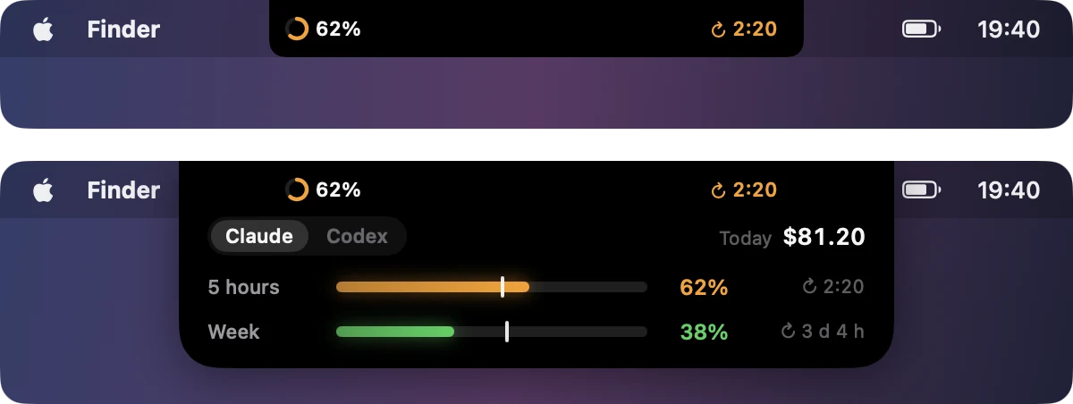 The notch view. Closed: 62% of the 5-hour limit and 2:20 until the reset. Open: the Claude / Codex switch, today’s spend and both limits.