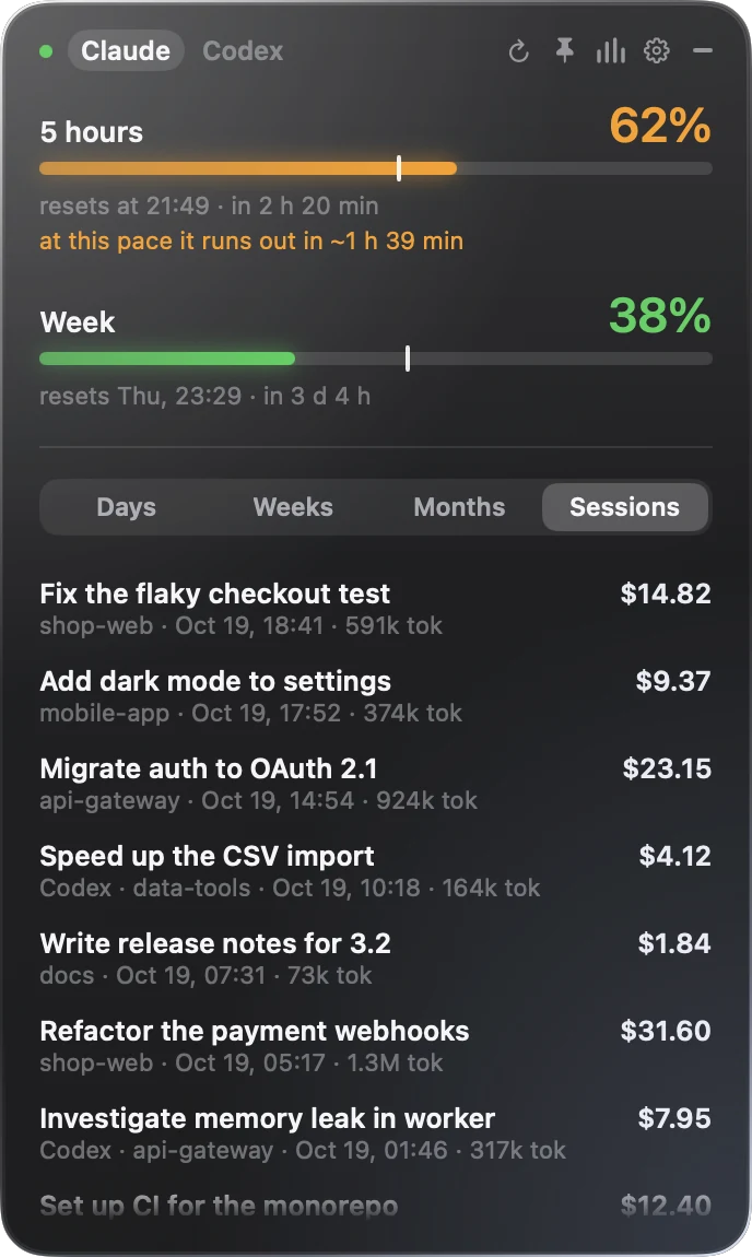 The stats view on the Sessions tab: a list of recent sessions with project, time, tokens and cost.
